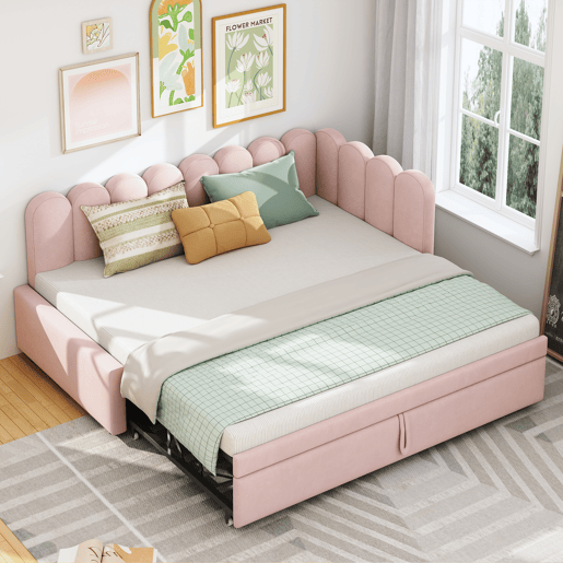 Sofá-cama multifuncional 90180x200 cm - design em L, cama para crianças ou convidados, rosa veludo Sofá-cama multifuncional 90180x200 cm - design em L, cama para crianças ou convidados, rosa veludo