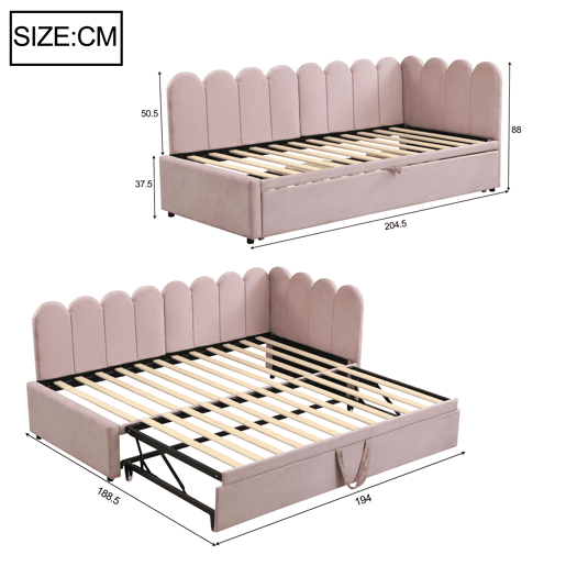 Sofá-cama multifuncional 90180x200 cm - design em L, cama para crianças ou convidados, rosa veludo Sofá-cama multifuncional 90180x200 cm - design em L, cama para crianças ou convidados, rosa veludo