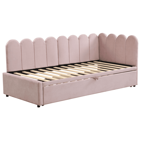 Sofá-cama multifuncional 90180x200 cm - design em L, cama para crianças ou convidados, rosa veludo Sofá-cama multifuncional 90180x200 cm - design em L, cama para crianças ou convidados, rosa veludo