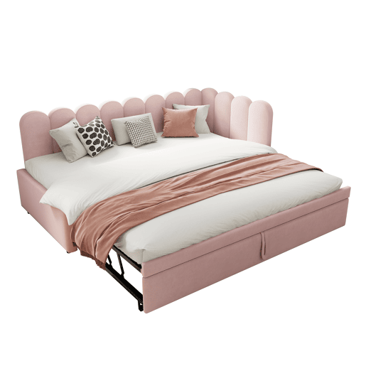 Sofá-cama multifuncional 90180x200 cm - design em L, cama para crianças ou convidados, rosa veludo Sofá-cama multifuncional 90180x200 cm - design em L, cama para crianças ou convidados, rosa veludo