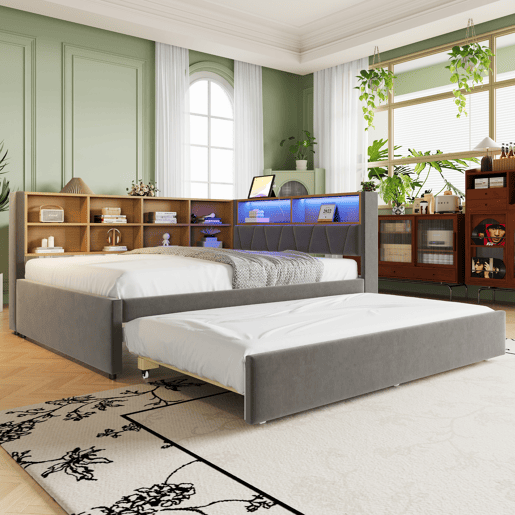 Sofá-cama 140x200 - Cama extensível 90x190, com luzes LED, tomadas e compartimentos, sofá multifuncional, cama individual, flanela - cinza escuro
