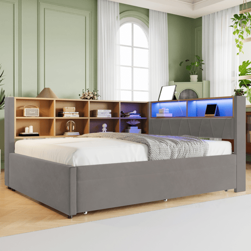 Sofá-cama 140x200 - Cama extensível 90x190, com luzes LED, tomadas e compartimentos, sofá multifuncional, cama individual, flanela - cinza escuro