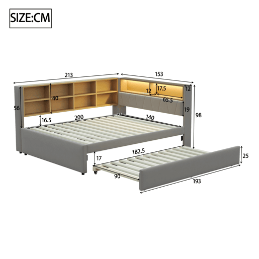 Sofá-cama 140x200 - Cama extensível 90x190, com luzes LED, tomadas e compartimentos, sofá multifuncional, cama individual, flanela - cinza escuro