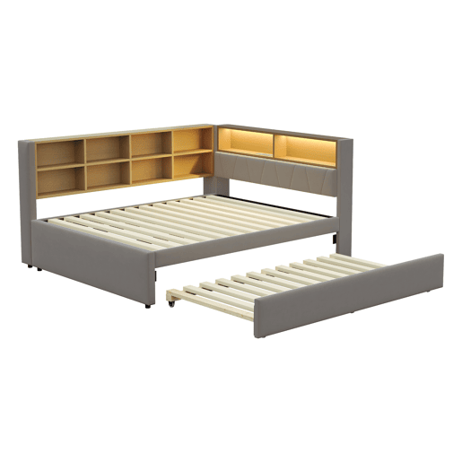 Sofá-cama 140x200 - Cama extensível 90x190, com luzes LED, tomadas e compartimentos, sofá multifuncional, cama individual, flanela - cinza escuro