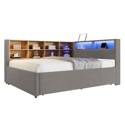 Sofá-cama 140x200 - Cama extensível 90x190, com luzes LED, tomadas e compartimentos, sofá multifuncional, cama individual, flanela - cinza escuro