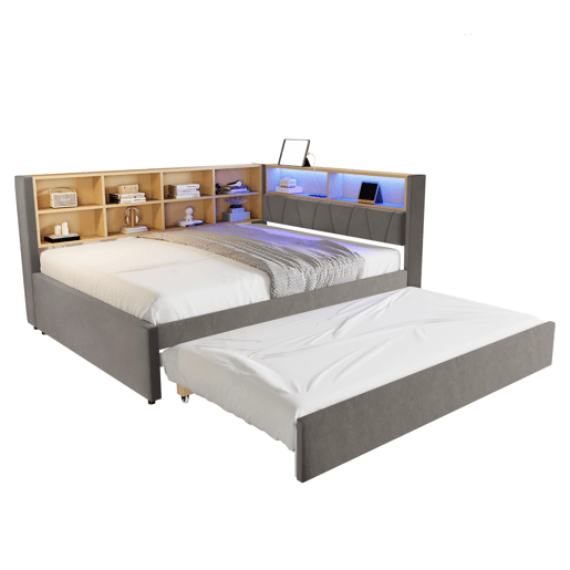 Sofá-cama 140x200 - Cama extensível 90x190, com luzes LED, tomadas e compartimentos, sofá multifuncional, cama individual, flanela - cinza escuro