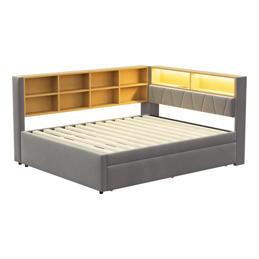 Sofá-cama 140x200 - Cama extensível 90x190, com luzes LED, tomadas e compartimentos, sofá multifuncional, cama individual, flanela - cinza escuro