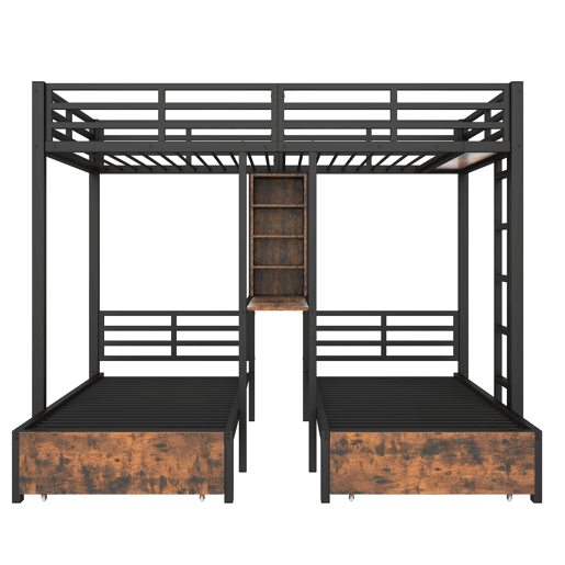 Cama beliche 140 x 200 cm + 90 x 200 cm - 3 camas, com barreiras laterais, com compartimentos de arrumação, 2 gavetas, prateleiras, sem colchão - Preto