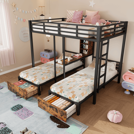 Cama beliche 140 x 200 cm + 90 x 200 cm - 3 camas, com barreiras laterais, com compartimentos de arrumação, 2 gavetas, prateleiras, sem colchão - Preto