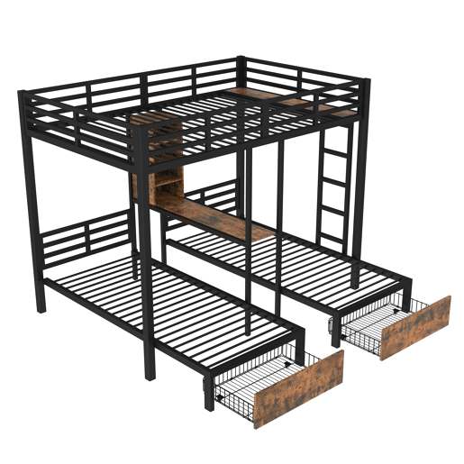 Cama beliche 140 x 200 cm + 90 x 200 cm - 3 camas, com barreiras laterais, com compartimentos de arrumação, 2 gavetas, prateleiras, sem colchão - Preto