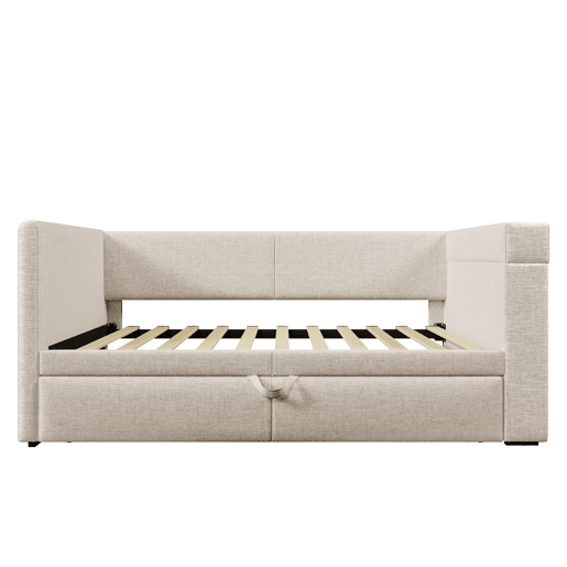 Sofá-cama 90x200 cm - Cama individual com função de cama extraível, apoios de braços com portas USB e Type-C, porta-copos, mistura de linho, bege