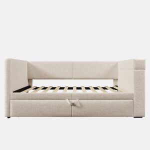 Sofá-cama 90x200 cm - Cama individual com função de cama extraível, apoios de braços com portas USB e Type-C, porta-copos, mistura de linho, bege