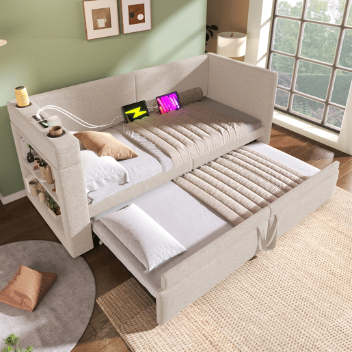 Sofá-cama 90x200 cm - Cama individual com função de cama extraível, apoios de braços com portas USB e Type-C, porta-copos, mistura de linho, bege