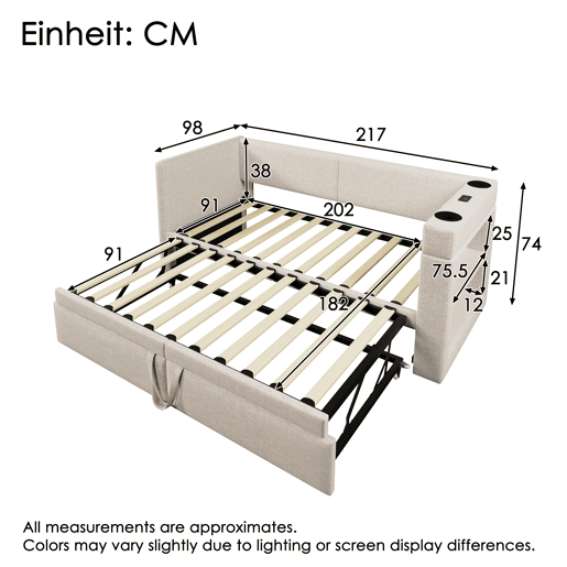 Sofá-cama 90x200 cm - Cama individual com função de cama extraível, apoios de braços com portas USB e Type-C, porta-copos, mistura de linho, bege