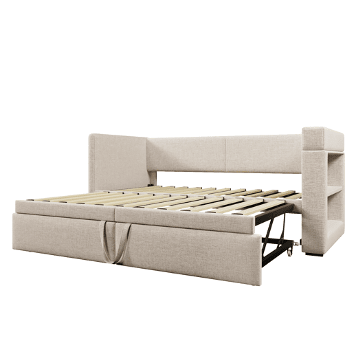 Sofá-cama 90x200 cm - Cama individual com função de cama extraível, apoios de braços com portas USB e Type-C, porta-copos, mistura de linho, bege