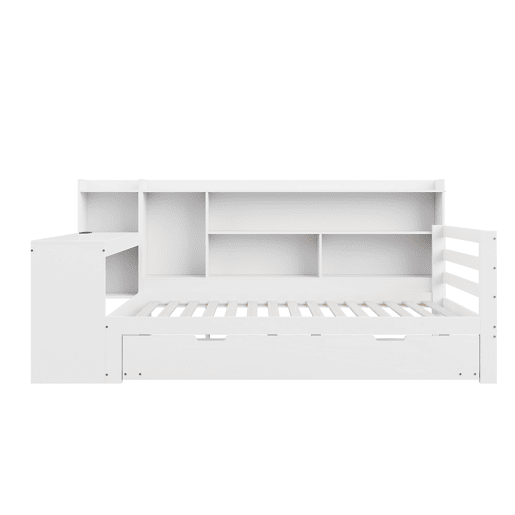 Sofá-cama 90 x 200 cm - Com secretária, prateleiras, compartimentos, tomada e cama extraível - Branco