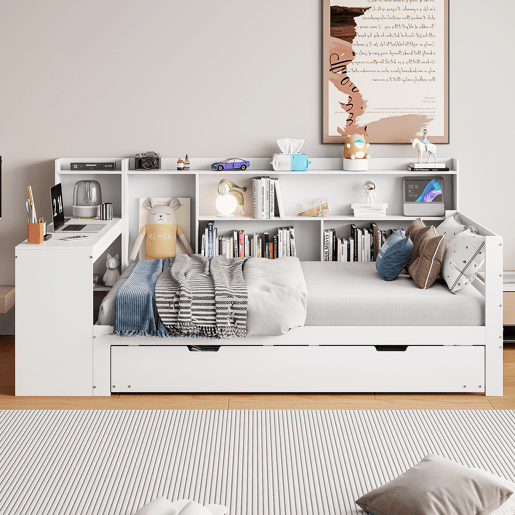 Sofá-cama 90 x 200 cm - Com secretária, prateleiras, compartimentos, tomada e cama extraível - Branco