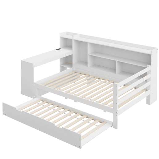 Sofá-cama 90 x 200 cm - Com secretária, prateleiras, compartimentos, tomada e cama extraível - Branco