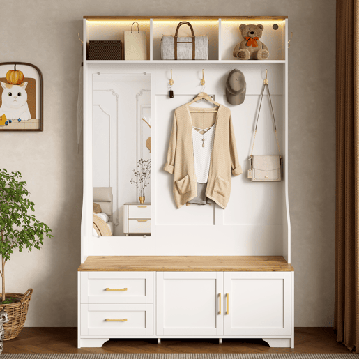 Móvel de entrada de mdf com sapateira,espelho e luz led,branco+natural