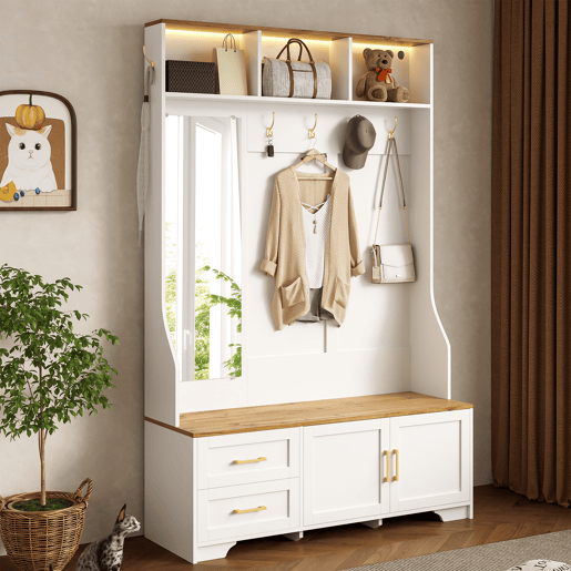 Móvel de entrada de mdf com sapateira,espelho e luz led,branco+natural