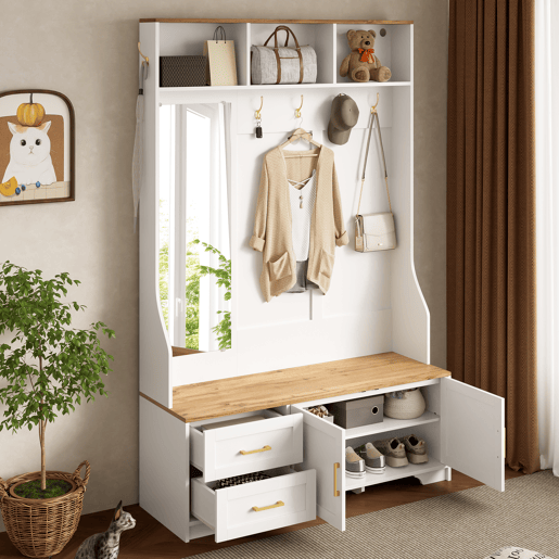 Móvel de entrada de mdf com sapateira,espelho e luz led,branco+natural