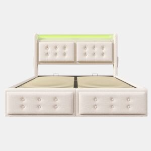 Cama de casal estofada 140x200 - Cabeceira LED, carregamento USB C, armazenamento hidráulico - Bege