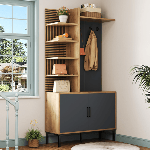 Móvel de entrada de painel de partículas com sapateira,natural+preto