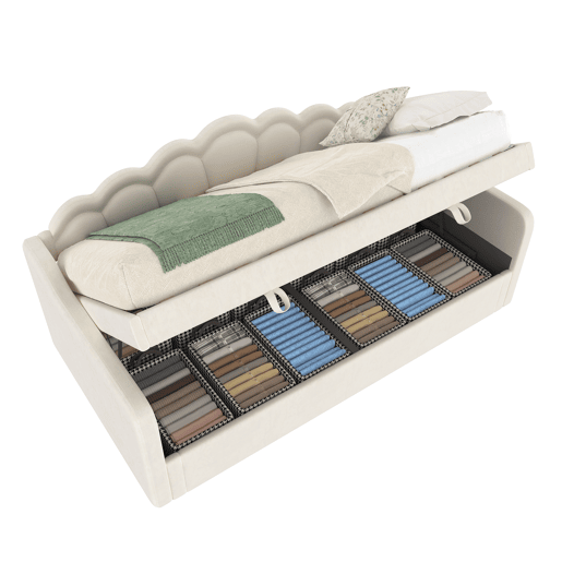 Cama de dia 90x200cm - Sofá-cama, cama hidráulica, com arrumação, sem colchão, LED multicolorido - Bege