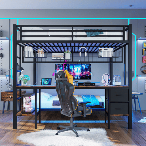 Beliche alto, 90x200cm e 140x200cm - Estrutura em ferro, com gavetas, prateleiras, grade para pendurar, secretária, faixa LED de 7 cores, porta USB - Preto
