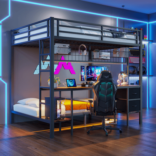 Beliche alto, 90x200cm e 140x200cm - Estrutura em ferro, com gavetas, prateleiras, grade para pendurar, secretária, faixa LED de 7 cores, porta USB - Preto
