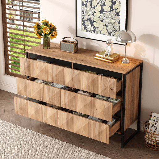 Cômoda dupla de painel de partículas com 6 gavetas,natural