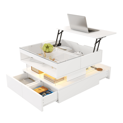Mesa de centro elevável retangular de painel de partículas com luz led,branco Mesa de centro elevável retangular de painel de partículas com luz led,branco