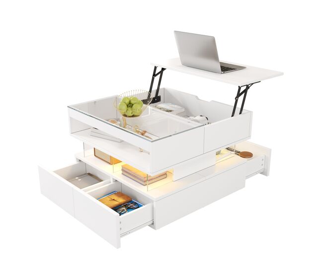 Mesa de centro elevable rectangular de panel de partículas con luz led,blanco