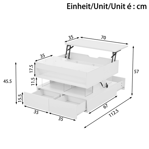 Mesa de centro elevável retangular de painel de partículas com luz led,branco Mesa de centro elevável retangular de painel de partículas com luz led,branco