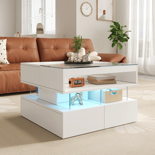 Mesa de centro elevável retangular de painel de partículas com luz led,branco Mesa de centro elevável retangular de painel de partículas com luz led,branco