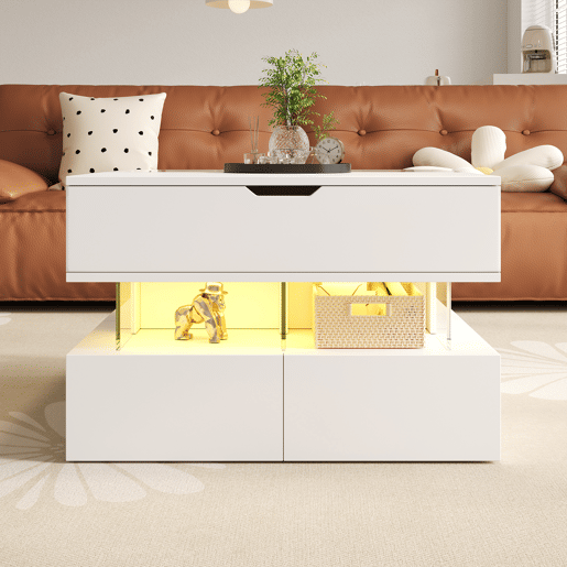 Mesa de centro elevável retangular de painel de partículas com luz led,branco Mesa de centro elevável retangular de painel de partículas com luz led,branco