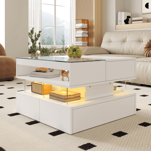 Mesa de centro elevável retangular de painel de partículas com luz led,branco Mesa de centro elevável retangular de painel de partículas com luz led,branco
