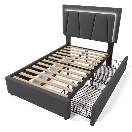 Cama estofada 90x200cm - Com LED e 2 gavetas, cabeceira ajustável - Garu