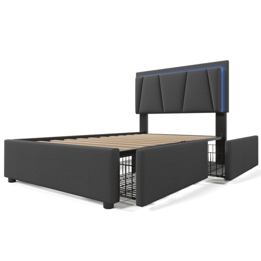 Cama estofada 90x200cm - Com LED e 2 gavetas, cabeceira ajustável - Garu