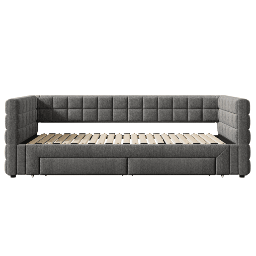 Sofá-cama, 90x200 cm - Sofá-cama com encosto quadrado, cama extensível (até 180 cm, tamanho queen), 2 gavetas, sem colchão - Cinza