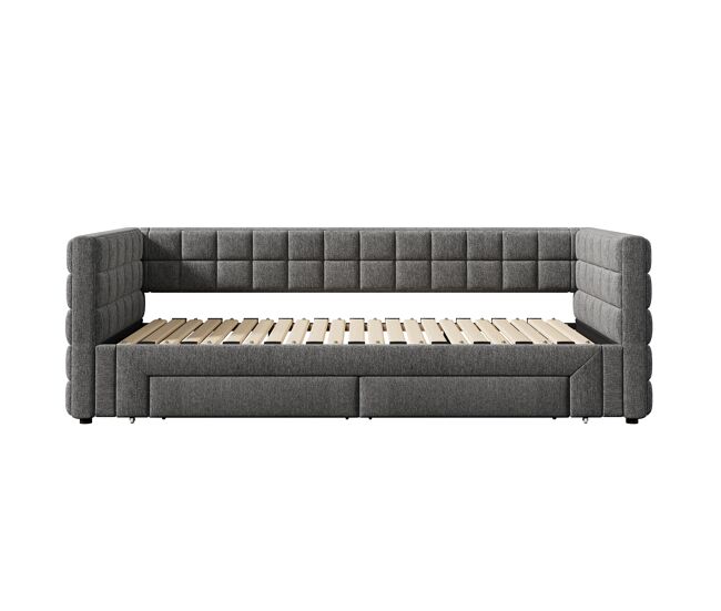 Sofá cama, 90x200cm - sofá cama con respaldo cuadrado, cama extensible (hasta 180 queen size), 2 cajones, sin colchón - gris