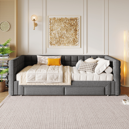 Sofá-cama, 90x200 cm - Sofá-cama com encosto quadrado, cama extensível (até 180 cm, tamanho queen), 2 gavetas, sem colchão - Cinza