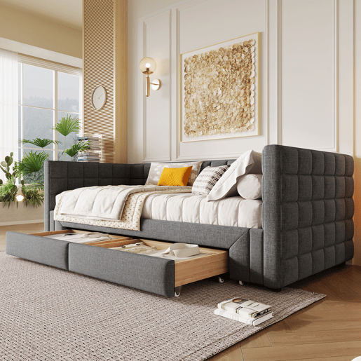 Sofá-cama, 90x200 cm - Sofá-cama com encosto quadrado, cama extensível (até 180 cm, tamanho queen), 2 gavetas, sem colchão - Cinza