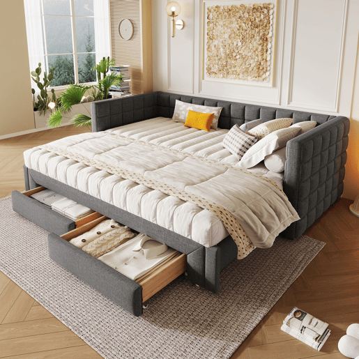 Sofá-cama, 90x200 cm - Sofá-cama com encosto quadrado, cama extensível (até 180 cm, tamanho queen), 2 gavetas, sem colchão - Cinza