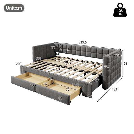Sofá-cama, 90x200 cm - Sofá-cama com encosto quadrado, cama extensível (até 180 cm, tamanho queen), 2 gavetas, sem colchão - Cinza