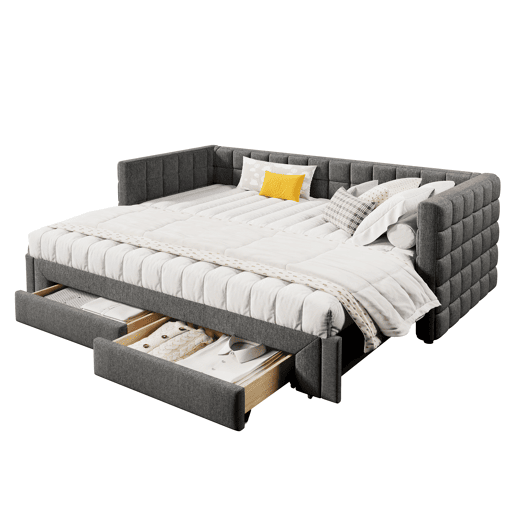 Sofá-cama, 90x200 cm - Sofá-cama com encosto quadrado, cama extensível (até 180 cm, tamanho queen), 2 gavetas, sem colchão - Cinza