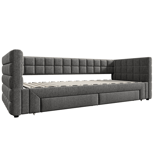 Sofá-cama, 90x200 cm - Sofá-cama com encosto quadrado, cama extensível (até 180 cm, tamanho queen), 2 gavetas, sem colchão - Cinza