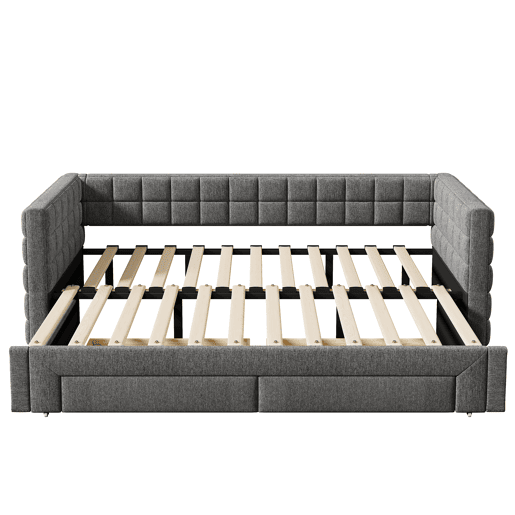Sofá-cama, 90x200 cm - Sofá-cama com encosto quadrado, cama extensível (até 180 cm, tamanho queen), 2 gavetas, sem colchão - Cinza
