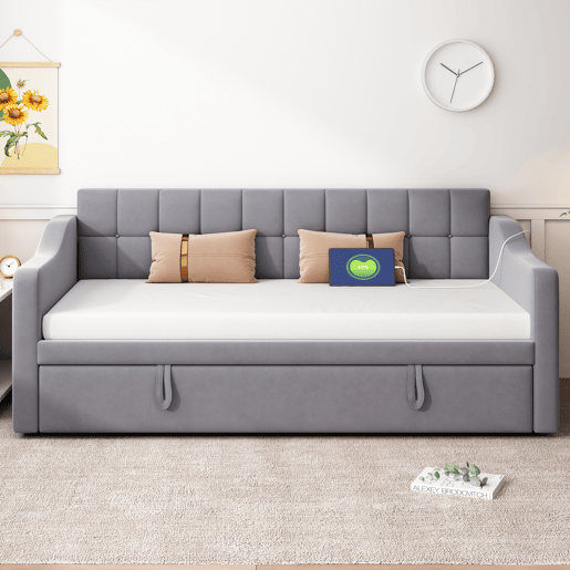 Sofá-cama 90180 - Multifuncional com tomada e bolsa de armazenamento - Cinza Samtstoff Sofá-cama 90180 - Multifuncional com tomada e bolsa de armazenamento - Cinza Samtstoff