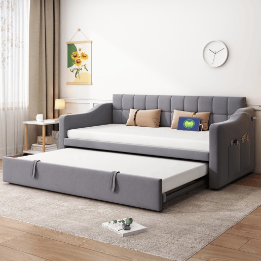 Sofá-cama 90180 - Multifuncional com tomada e bolsa de armazenamento - Cinza Samtstoff Sofá-cama 90180 - Multifuncional com tomada e bolsa de armazenamento - Cinza Samtstoff